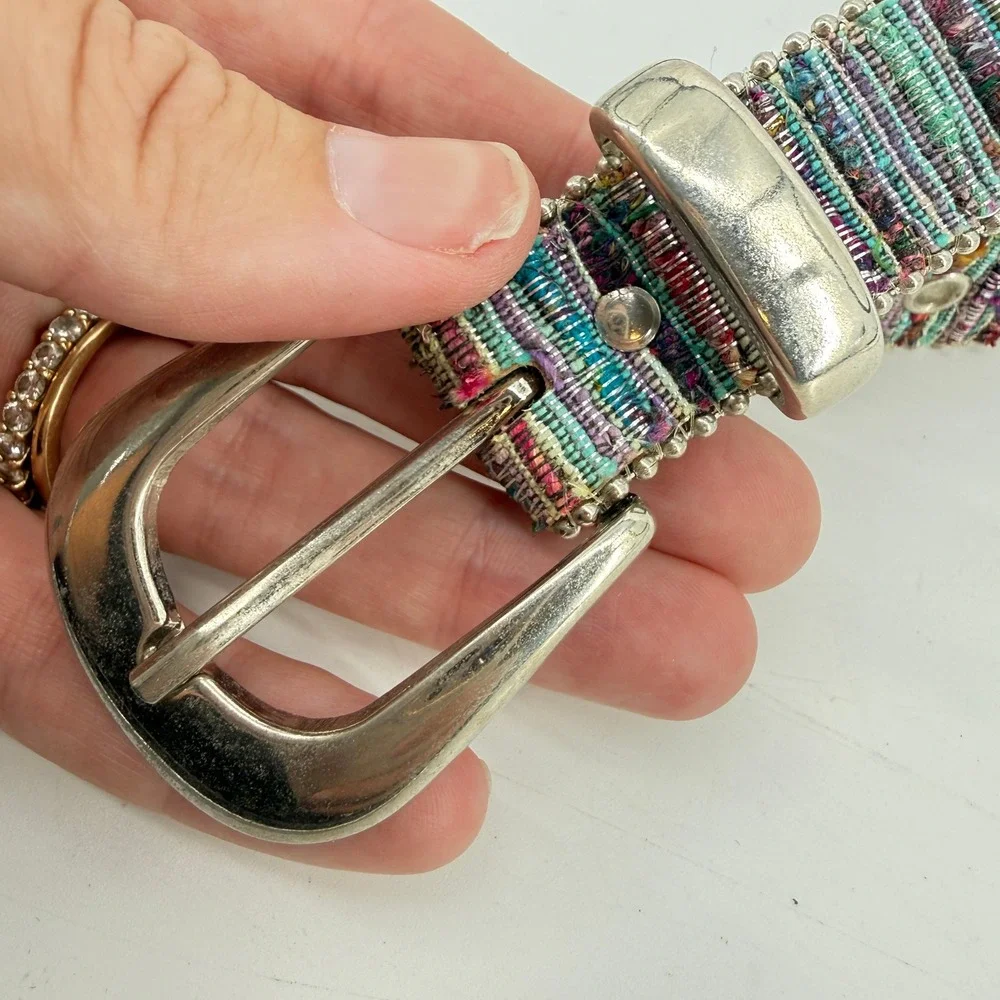 Elite Belt Women ML Multicolor Woven Metallic Beaded Silver Buckle Boho 1072